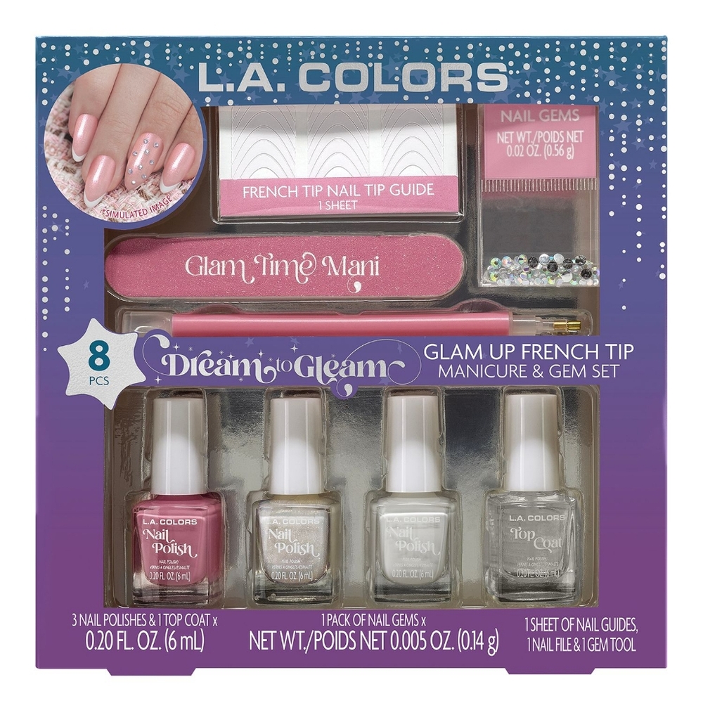 NEW L.A. Colors Dream to Gleam Glam Up French Tip Manicure & Gem Set, 8CT